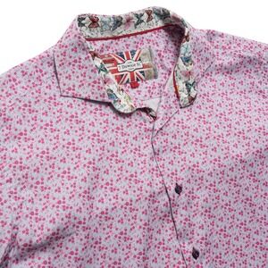 7 Downie St Short‎ Sleeve Floral Button Up Shirt Mens Size 5 Pink Butterfly Trim